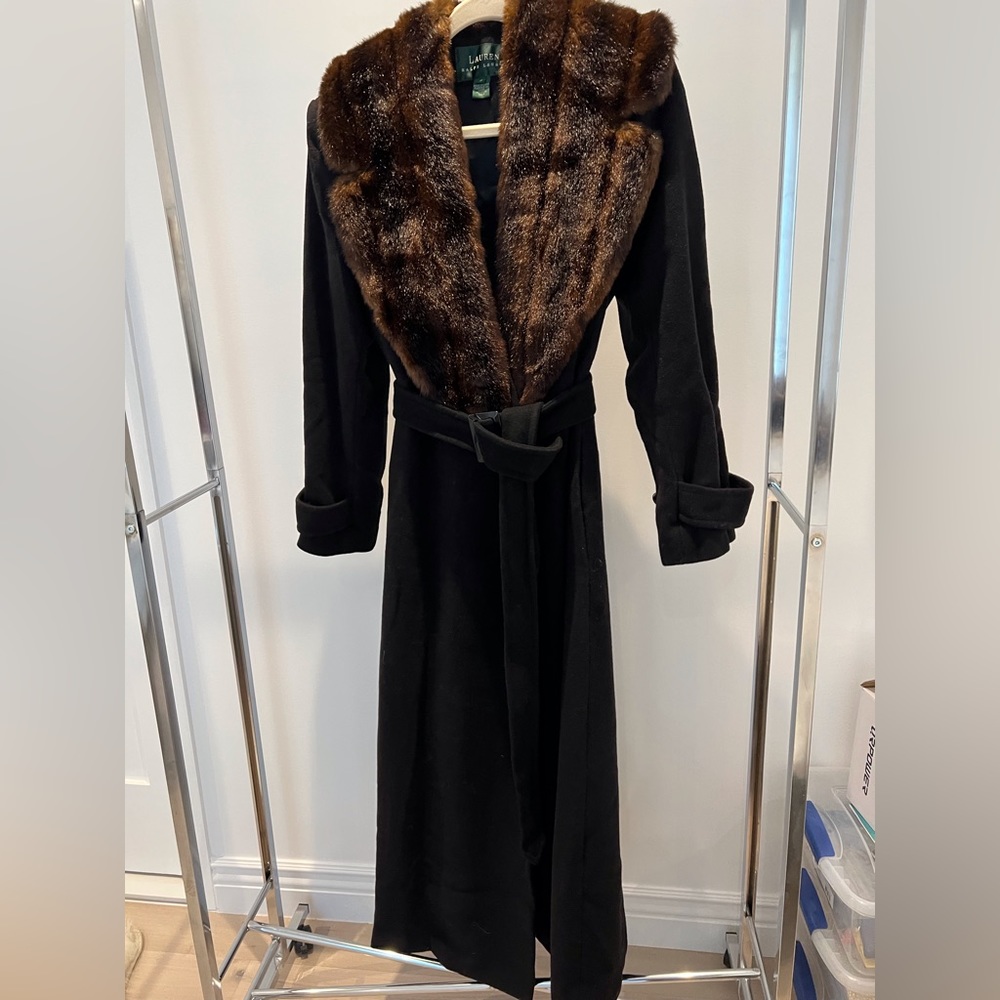 Ralph Lauren fur trim, black full length coat.